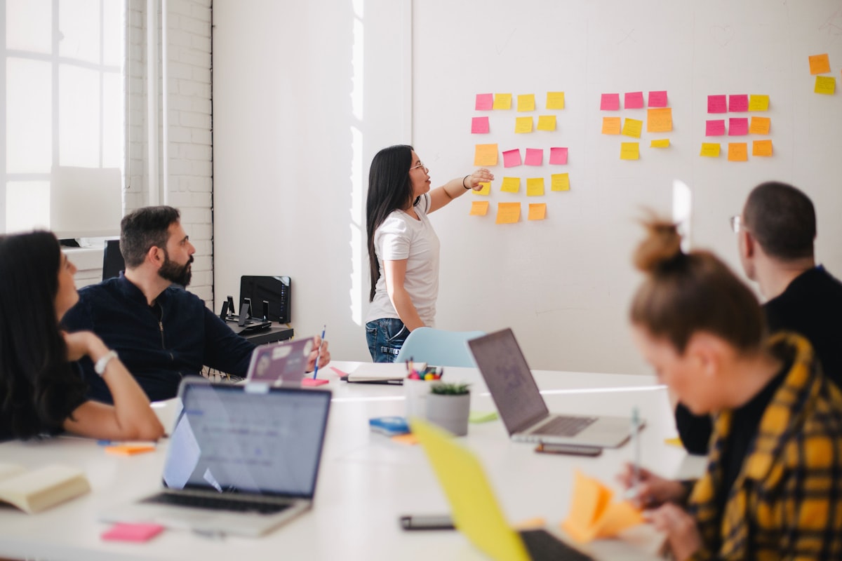 Marketing team reviewing advertising campaign performance